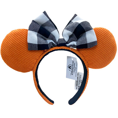 Disney-Parks Black White Check Bow Headwear Orange Minnie Mouse Ears Headband-image
