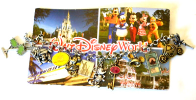 Disney 12 Charm Silver Tone Bracelet Mickey Minnie Tinkerbell Hat Passport HTF-image