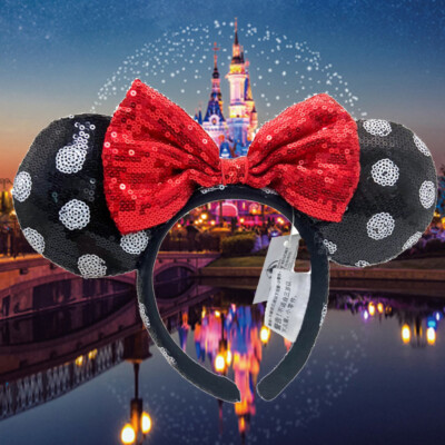 Minnie Mouse Black White Polka Dot Red Sequin Bow Disney`Parks Ears Headband US-image