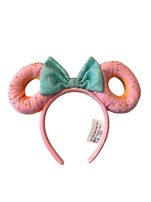 Disney Parks Minnie Mouse Pink Sprinkled Donut Ears Headband Blue Sequin Bow-image