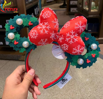 Christmas Holiday Minnie Ears Wreath Bow Disney Parks Snowflake Headband-image
