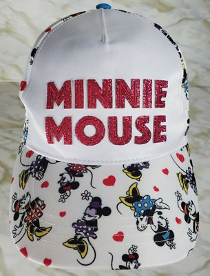 NEW Disney Parks WDW Minnie Mouse Glitter Spellout Hearts AOP Youth Size Cap Hat-image