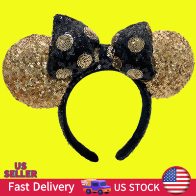 Disney. Parks  Black Gold Polka Dot Bow Minnie  Mouse Gold Sequins Ears Headband-image