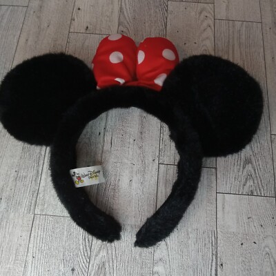 Walt Disney Parks Minnie Mouse Ears Headband Plush Red Polka Dot Bow Soft Fur -image