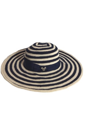 Disney Parks Mickey Mouse Wide Brim Beach Sun Hat Woven Navy Cream Stripe Folds-image
