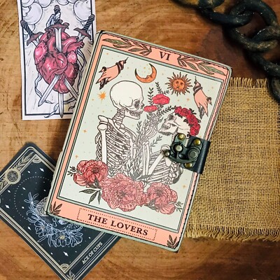 Book of Spells Lovers Tarot Leather Journal, Deckle Edge Paper, Grimoire, Gothic-image