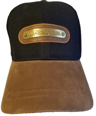 Walt Disney World Metal Patch Hat Navy Brown Suede Brim Strap Back Vtg-image