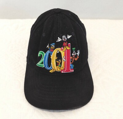 Vintage Walt Disney Donald Mickey Pluto Goofy embroidered black hat 2001-image