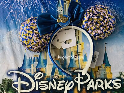 Disney Parks World WDW Annual Passholder Blue Sequined Minnie Mouse Ears-image