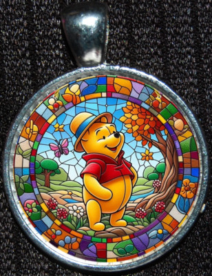 Winnie the Pooh Bear Stained Glass Disneyland WDW Disney Silver Pendant Necklace-image