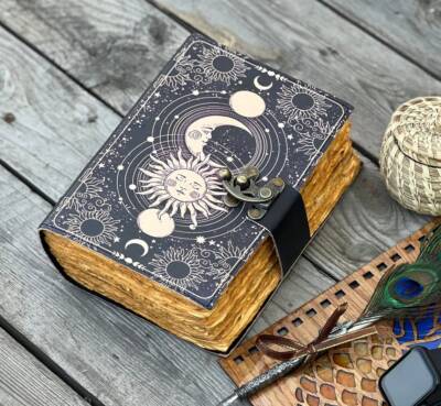Leather grimoire journal Leather Print Sun Moon journal Blank spell book Gift-image