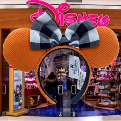 Disney'Parks Mickey Mouse Ears Black White Check Orange Corduroy Headband-image