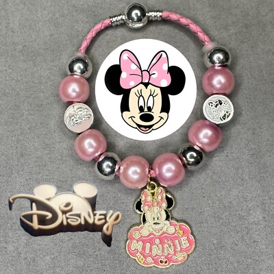 MINNIE MOUSE Handmade Pink Braided Leather 3mm Snake Chain Charm Bracelet ✨ NEW-image