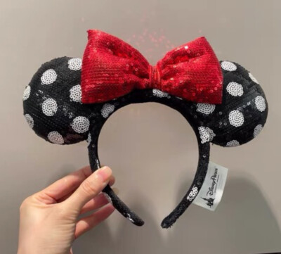 DisneyParks Polka Dot Red Bow Black Ears Minnie Mickey Mouse Sequin Headband US-image