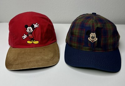 Vintage 90s WDW Mickey Mouse 5 Panel Cap Skater Hats Suede Brim Plaid (Lot of 2)-image