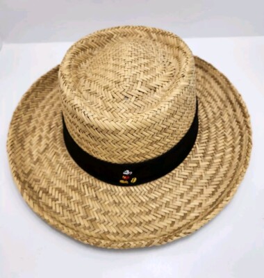 Walt Disney World Flat Brim Hat Natural Straw w/Black Ribbon 8 1/4