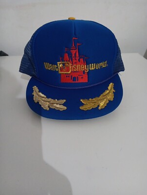 Vintage Rare Walt Disney World Hat Trucker Gold Leaf Embroidered Mesh Back Blue-image