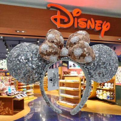 Disney’ Parks Silver Sequin Rose Gold Polka Dot Bow Minnie Mouse Ears Headband-image