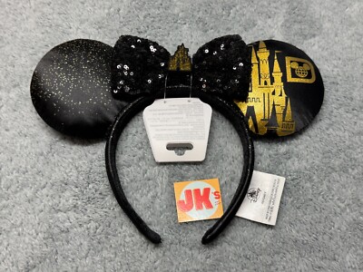 NEW Walt Disney World Ears Minnie Mouse Black Gold Castle Sequin Bow Headband-image