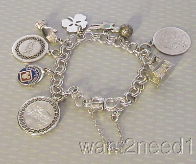 vintage Sterling Silver Charm Bracelet 9P Krementz Wells Disney spinner church-image