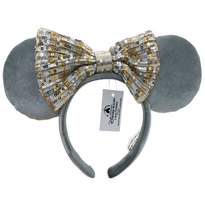 Gold Grey Silver Sequin Bow Plush Disney Parks 2022 Minnie Mouse Ears Headband-image