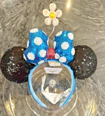 WDW Minnie Ears Timeless Flower Disney Parks Daisy Bow Blue Polka Dot Headband-image