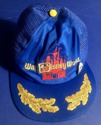 Rare Vintage Men’s Florida Walt Disney World Hat Trucker Cap 1970s w/Pin Blue-image