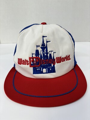 VTG 1980s Walt Disney World Magic Kingdom Red White Blue Snapback Trucker Hat-image
