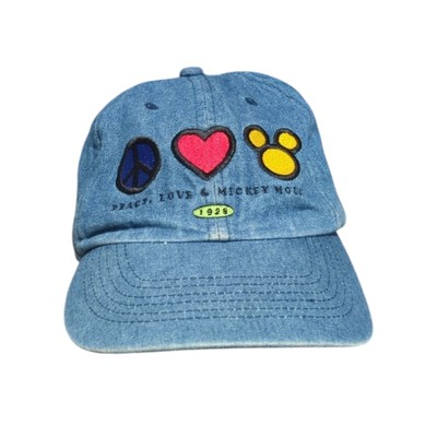 VTG Walt Disney World Hat Peace Love & Mickey Mouse Blue Denim Strapback Cap 90s-image
