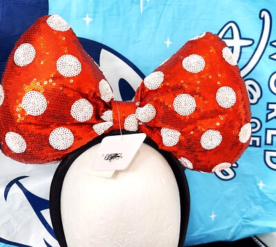 NEW DISNEY MINNIE MOUSE HEADBAND RED POLKA DOT SEQUINS BOW DISNEY PARKS, WDW-image