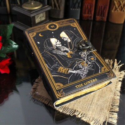 Book of Spells Lovers Tarot Leather Journal, Deckle Edge Paper, Grimoire, Gothic-image