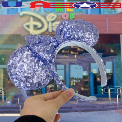 Minnie Mouse Ears Headband Disney Anniversary Rare Blue Sequins Bow US💖-image