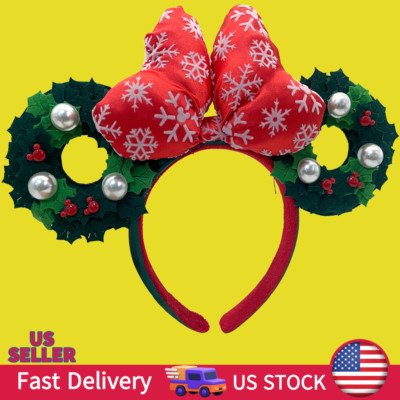 Headband Christmas Disney~Parks Gift Ears Minnie Holiday Pearl Wreath Bow new US-image