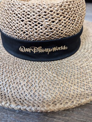 Walt Disney World Flat Brim Hat Natural Straw Black Ribbon Adult Size Parks Sun-image